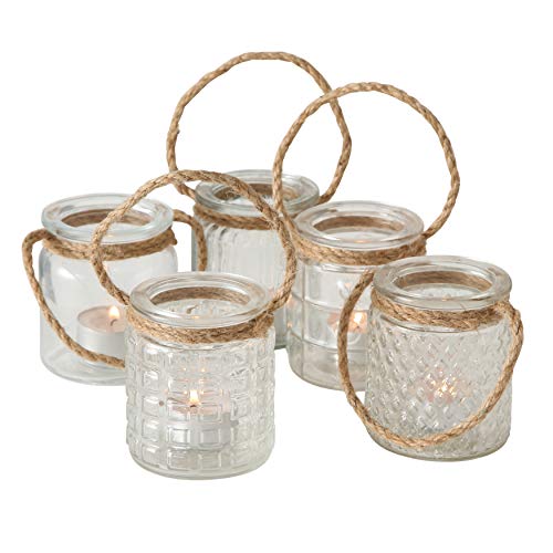 WHW Whole House Worlds Beach Chic Nautical Rope Hurricane Lamps, Clear Glass Candle Holder, for LED or Wax Votive, Pillar or Tealights, Wind Light, Set of 5, 2 3/4 x 2 3/4 x 3 1/2 Inches