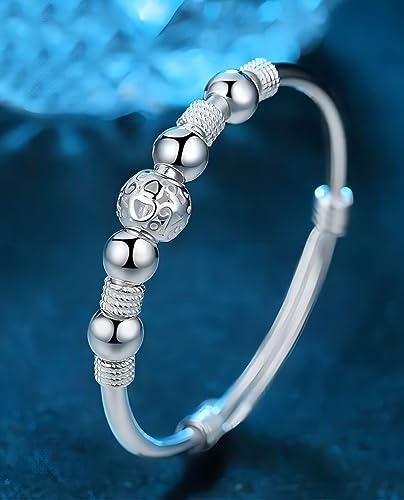 S925 Silver Bangle Bracelet for Women, Elegant Women‘s Sterling Silver Bracelet Bangle Adjustable 6.4-7.8 inches Small Size (Beads Silver)2