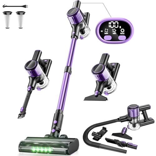 Cordless Vacuum Cleaner, 350W/33Kpa 10-in-1 Stick Vacuum with Upgraded Extra-Long Hose, Anti-Tangle Brush, Green LED Light, Lightweight Rechargeable Vacuum for Home, Hardwood Floors, Carpets, Pet Hair