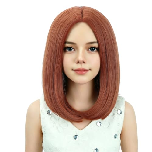 Image of Kids Copper Red Wig Girls Copper Red Bob Wig Child Short Bob Wig Middle Part Wig for Kids Synthetic Wigs with Wig Cap