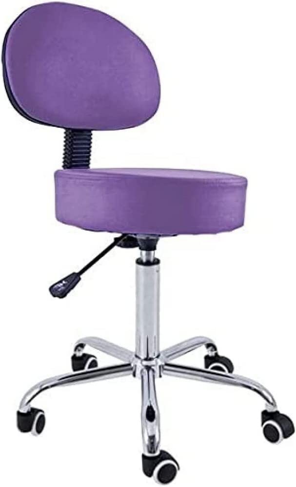 QUIRUMED Taburete con Respaldo, Base cromada, 5 Ruedas y elevación a Gas, Color Morado, Estructura metálica, Polipiel, Relleno Alta Densidad, Altura Regulable, hasta 150 kg