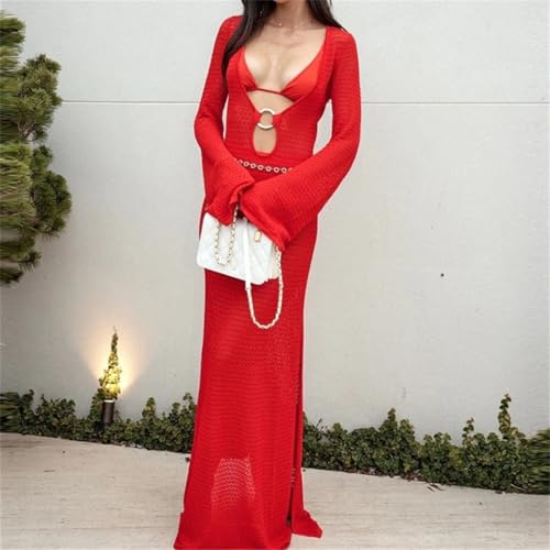 Women Side Slit Transparent Cover Dress Circle Hollow Vacation V-Neck Solid Bohemian Party Dress4