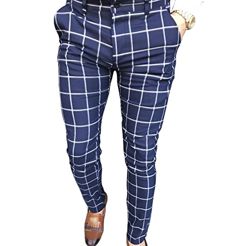 Men's Fashion Stretch Dress Pants Slim Fit Plaid Pants Business Suit Pants Casual Golf Long Dress Pants