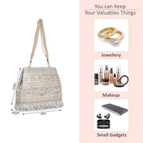 Image of Nevis Stylish Embroidery Unique Design Traditional Wedding Party Handheld Potli Bag For Women (SILVER)