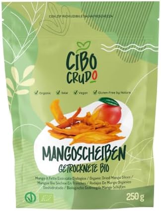 Bio Mango Getrocknet - 250g. Getrocknete Mango ohne Zucker. Mangostreifen zur Verwendung als Snack oder in Süßen Rezepten. Reich an Vitamin A & C Ballaststoffe und Antioxidantien.