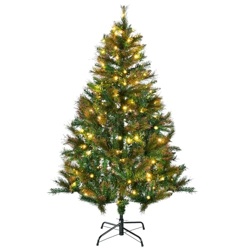 HOMCOM 1.5m 5ft Pre-Lit Christmas Tree Artificial Spruce Xmas Tree Warm White LED Holiday Décor with Metal Stand