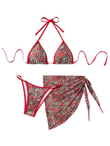 SOLY HUX Women's 3 Piece Swimsuit Leopard Cherry Print Halter Bikini Set Bathing Suit with Sarong Wraps Cover Up