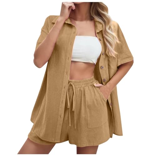 Short d'été et chemise ensemble 2 pièces léger tenue de vacances femme couleur unie
