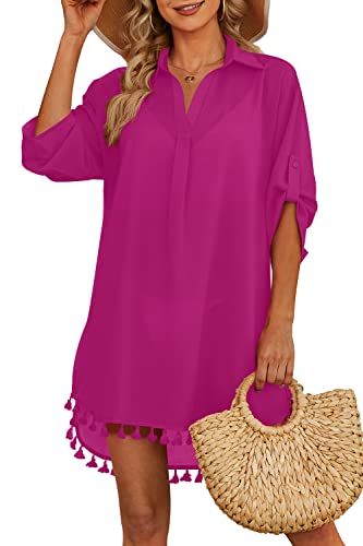 Yincro Women Swimsuit Cover Up Shirt 2026 Tassel Beach Bathing Suit for Swimwear Bikini Dress(Rose Pink, 2XL)