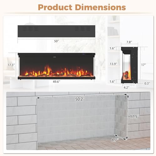 COSTWAY 3-Sided View 50-inch Electric Fireplace Insert, Recessed, Wall-Mounted & Freestanding Fireplaces with Adjustable Thermostat, 12 Flame Colors, 5 Brightness Settings, 750W/1500W - Thumbnail 2