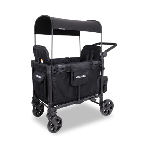 WonderFold W2 Elite Pro Stroller Wagon - Foldable Wagon with Aluminum Frame - Adjustable Canopy & Push Handle - All-Terrain Wheels - for Babies Toddlers & Kids - 4 Seater - Jet Black