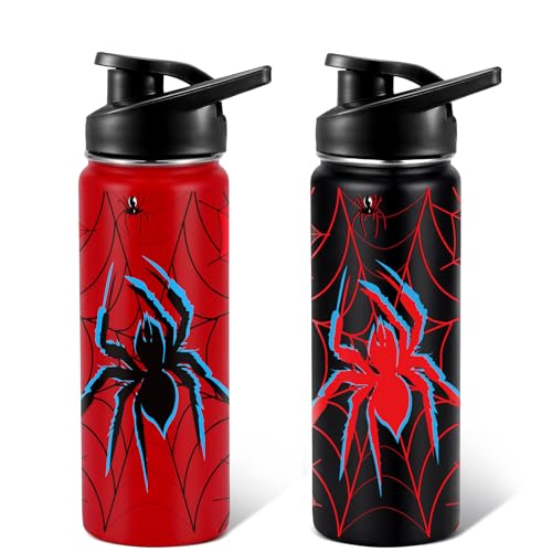 Image of Bokon 2 Pcs Spider Water Bottle with Straw Lid 16 oz Insulated Red Black Stainless Steel 18 /8 Spiderweb Vacuum Cups Tumbler for Travel Outdoor Family Friend Gifts, Leak Proof Lid Design(Vivid)