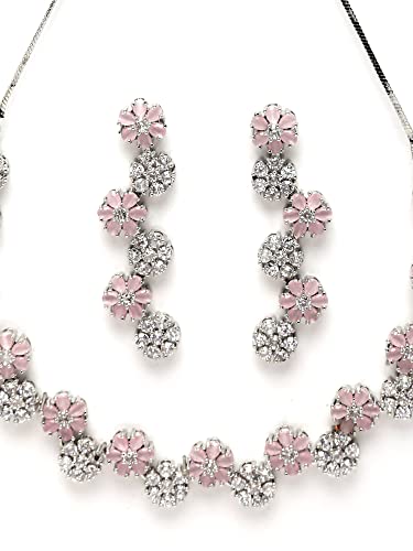 Karatcart Silver Tone Pink Floral AD Necklace Set for Women - Image 5
