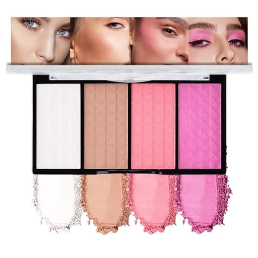 HHLTOH Paleta de blush em pó fosco, paleta facial de 4 cores com iluminador branco, contorno marrom, blush rosa e rosa para bochechas, paleta de maquiagem natural duradoura para mulheres, paleta de