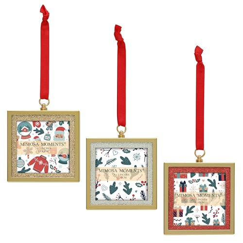 MIMOSA MOMENTS 3-Pack 3x3 Brass Glitter Bling Picture Frame Ornaments
