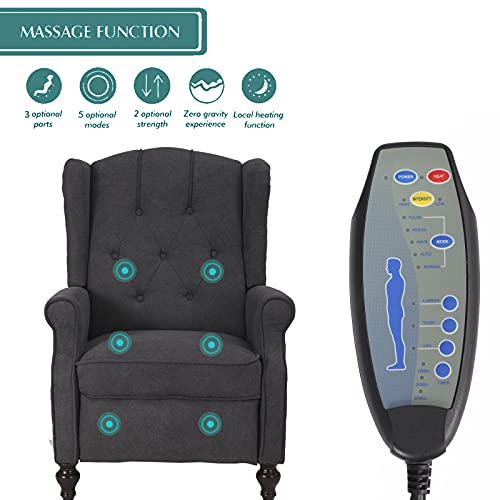 Bingtoo Recliner Chair With Massage And Heat 2 Chairs Set- Accent Chairs For Living Room- Tufted Fabric Push Back Recliner Chair, Footrest And Nailhead Trim, Wooden Legs, Wingback (Double, Dark Gray) #TOP2