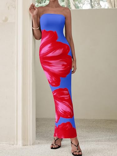 Image of PRETTYGARDEN Women Summer Strapless Maxi Dress Bodycon Floral Sexy Long Wedding Guest Dress Formal Tube Mesh Cocktail Dresses