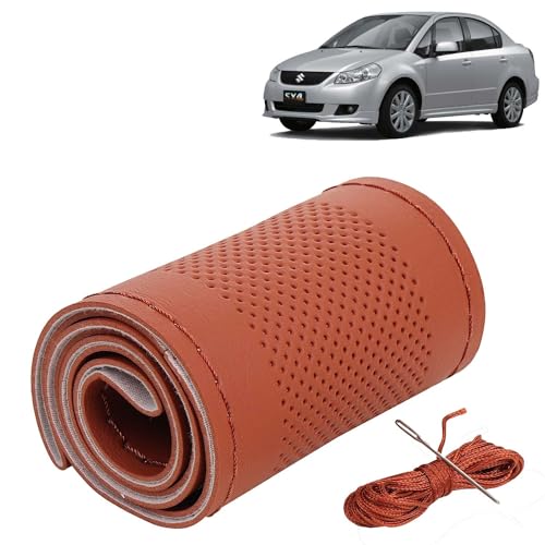 Image of KINGSWAY PU Leatherite Car Steering Cover Sewable Compatible with Maruti Suzuki SX4 (Year 2007-2013), Tan Color with Tan Thread, Pack of 1 with Sewing Needle and Thread