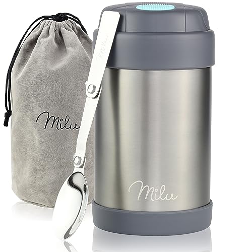 Milu Termo para Comida 300ml, 440ml, 450ml, 650ml, 800ml Taza Aislada, Botella de Acero Inoxidable Aislada para Alimentos, Beber y sopa de los niños de adultos A prueba de fugas Térmico (440ml/Gris)