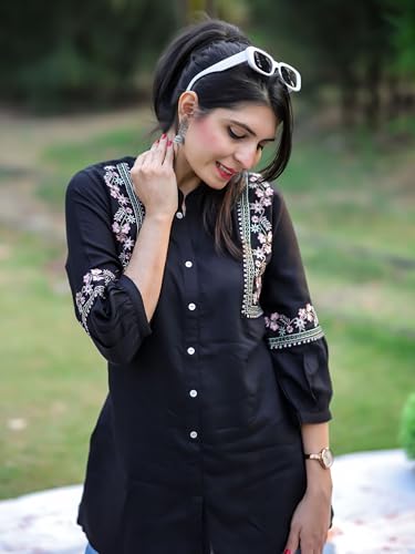 Image of Women's Viscose Rayon Embroidered A-Line Short Kurti Above Knee Regular Fit Tunic Top Office Wear Casual short kurti for women | office wear top | A-line kurti | raksha bandhan gift dress for women