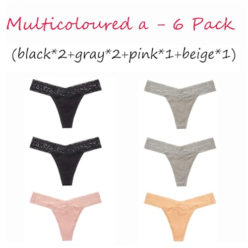 ANNYISON Women's Thongs, T Back Low Waist See Through Panties Cotton Seamless Lace Thongs for Women, Multicoloured a - 6 Pack, S