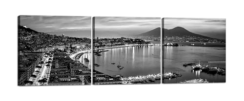 LuxHomeDecor Napoli Notturna in Bianco e Nero - 3 Quadri 40x40 cm - Quadro su tela con telaio in legno, Decorazioni Camera da letto, Bagno, Cucina, Ufficio, Sala da pranzo, Bar