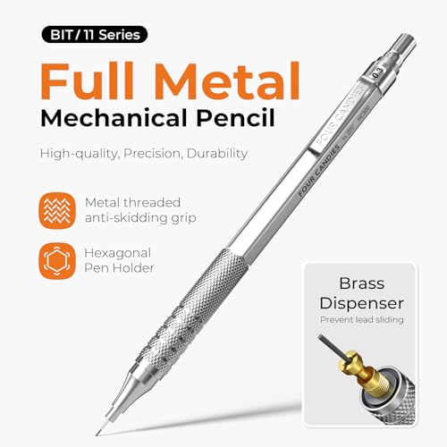 Image of Four Candies Metal Mechanical Pencil Set, 4PCS 0.3, 0.5, 0.7, 0.9MM Mechanical Pencils & 2MM Drawing Pencil with 9 Tubes Lead Refills (4B 2B HB 2H Color) for Student Writing Artist Sketching - Silver