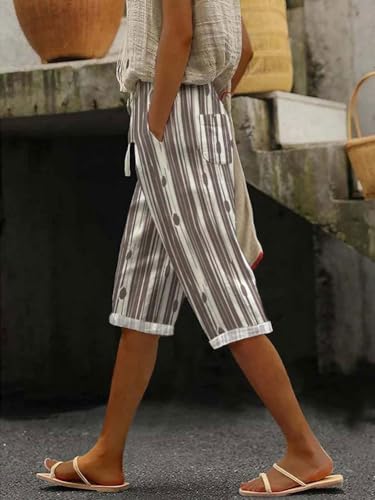 chouyatou Women's Vintage 90s Striped Pattern High Elastic Waisted Wide Leg Cropped Capri Pants with Pockets2