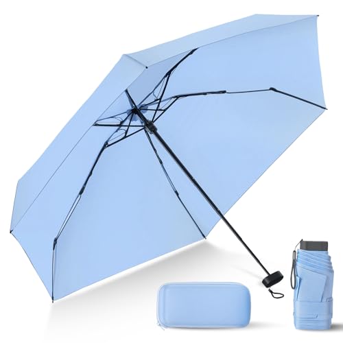 LEAGERA Compact Travel Umbrella with Case - Mini Umbrella for Purse, Small Lightweight &Tiny Design Perfect for Parasol Outdoor Sun&Rain Umbrellas, Light Blue