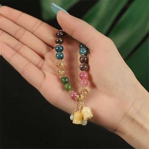 Natural Colored Tourmaline Bracelet, Hand Carved Lily of The Valley Flower Pendant Bracelet, Crystal Beaded Flower Charm Bracelet, Good Luck Jade Bead Bracelet for Women (Style 01)3