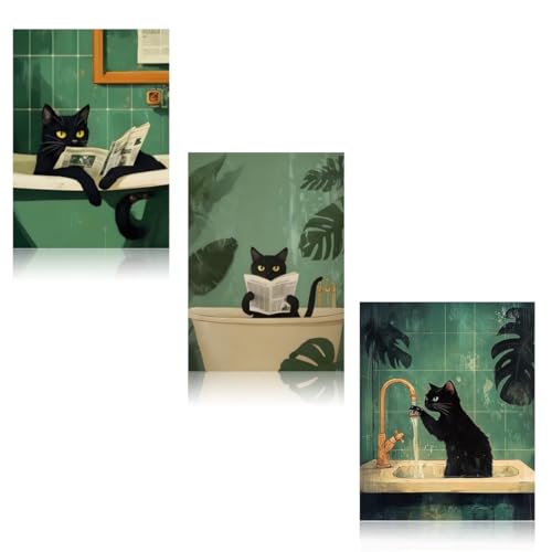 JYNXOR 3 Piezas Ensemble Illustrations Drôles pour Salle de Bain d'un Chat Noir Se Lavant les Pattes, Imprimés d'Art Vintage pour la Décoration de Salle de Bain ou Toilettes 20x25 cm Sans Cadre