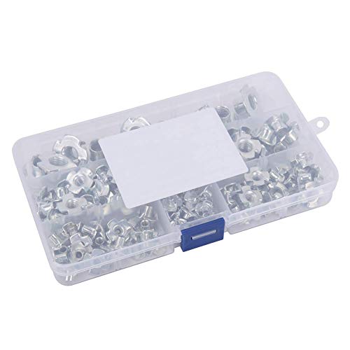 110-Piece T-Nut Assortment – M3 to M10 Galvanized Stainless Steel Four-Claw Rivet Nuts in Storage Box for Woodworking & Industrial Use