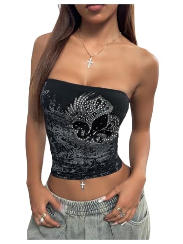 SOLY HUX Women's Glitter Graphic Bandeau Tube Top Y2k Gothic Strapless Crop Tops Rave Party Outfits