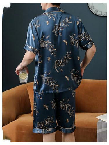 Men's 2 Piece Satin Silk Pajama Sets Leaf Graphic Button Down Shirts and Shorts Loungewear Sleepwear Pjs2