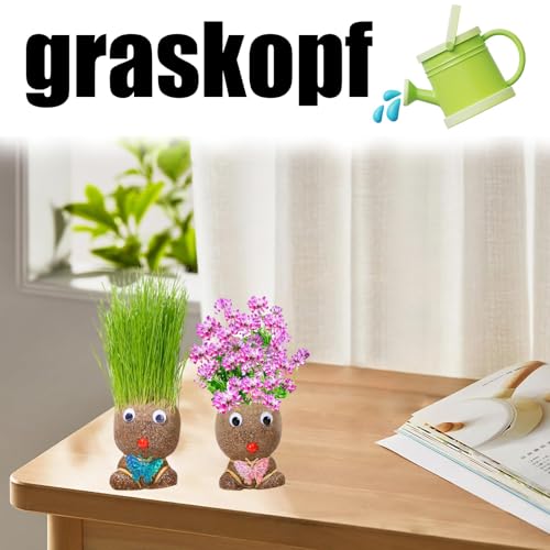 2 Stück Graskopf, Schön Graskopf Kinder 2 Stile Blumentopf Kopf Mit Einer Kleinen Sprühflasche Rasenpuppen Mit Tablett Graskopfpuppe (Grünes Gras Und Blumen)