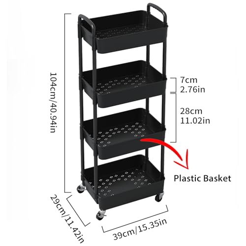 Image of Sywhitta 4-Tier Plastic Rolling Utility Cart with Wheels for Storage, Black | Multi-Functional Storage Trolley, for Office, Living Room, Kitchen, Bathroom,Movable Organizer,Space-Saving,Easy to assemble