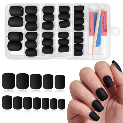 Bellelfin Matte Black Press on Nails Short Square,120 Pcs Short Fake Nails Square, 12 Sizes Full Covered Acrylic Press on Nail,Matte Fake Nails with Glue and Jelly Tabs for Women