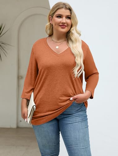 Halife Womens Plus Size Tops 3/4 Sleeve V Neck T Shirts Casual Loose Basic Tunic Tees XL-5X3