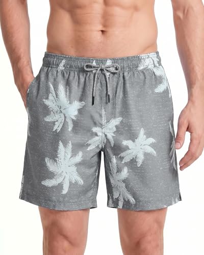 maamgic Homme Short de Bains Maillot de Bain avec Filet Style Tropical Voyage Pants Court de Sport Séchage Vite Bien pour Vacance a la Plage,Gris Noix de Coco, S