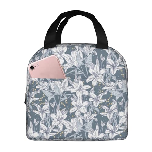 Insulated Lunch Bags for Men Women Work - Lilies Flowers Retro Small Adult Lunch Box for Men Women, Water Proof Soft Cooler Bag Insulated for Travel, Lunch Tote Bag for Women Men