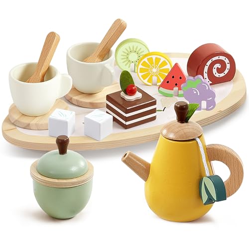 Image of PairPear Wooden Tea Party Set for Little Girls, Kids Tea Sets for Toddler 3-5, 20pcs Pretend Play Fruit Tea Playset Kitchen Accessories Wooden Toys Food for Christmas Birthday