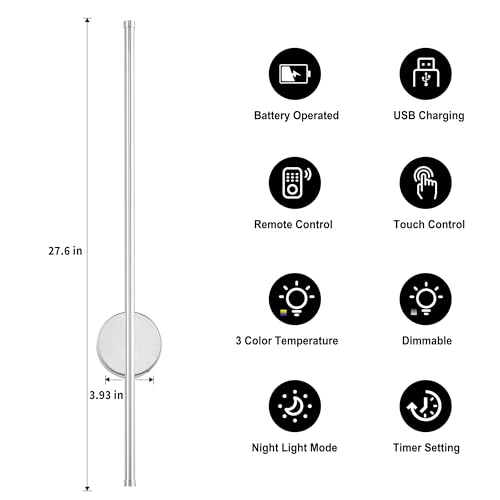 Image of Battery Operated Modern Wall Sconces, Dimmable Wireless Wall Light Set of Two with Remote Control, 3 Color Temperatures, Rechargeable LED Wall Sconce for Bedroom, Living Room,Hallway, 27.6 Inch Chrome