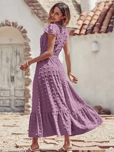 Image of PRETTYGARDEN Womens Dresses 2026 Summer Maxi Dress Boho Short Sleeve V Neck Swiss Dot Ruffle Tiered Smocked Flowy Long Dress