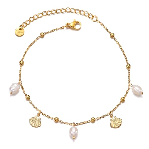 Image of Dainty Gold Shell Pearl Charm Ankle Bracelet for Women Trendy non-Tarnish Adjustable Anklet Summer Beach Fashion Jewelry Gift