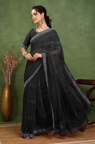 Image of MIRCHI FASHION Saree for Woman Georgette Solid with Satin Stripes | Stone Border Farewell and Ceremonial Sari with Blouse Piece