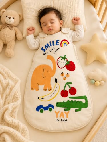 Image of TuddyBuddy Baby Cotton Wearable Quilted Sleeping Bag Blanket 1.5 Tog with 1 Way Zipper Closure | Ideal for Babies & Kids Hypoallergenic Fabrics | (Smiley Elephant - Beige, 18-24 Months)