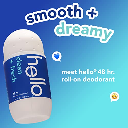 Hello Clean & Fresh Roll On Deodorant, Aluminum Free Deodorant For Women + Men, 48 Hour Non Sticky Formula, Dries Quick And Leaves No White Residue, Travel Deodorant, 2 Pack, 1.69 Oz Tubes #TOP1