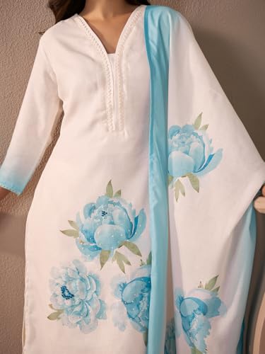 Image of INDO ERA Women's Straight Linen Floral Print Sequins work Kurta Pant with Dupatta Set