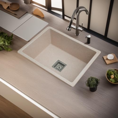 REMOTION Granite Quartz Single Bowl Kitchen Sink With Drain Board, Drain Rack and PVC Waste Pipe-Flushmount/Undermount/Top Mounted Kitchen Sink (Matte Ivory Sand, 24 x 18 x 9 Inch) (B0CMV5K1JW) Amazon Price History, Amazon Price Tracker