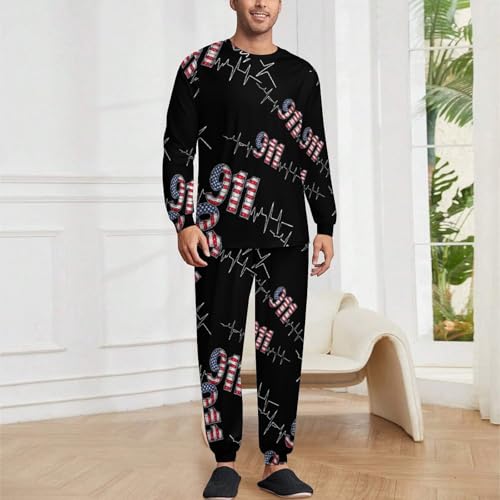 911 Vintage USA Flag Heartbeat EKG Pajama Set Long Sleeve Lounge Sets Sleepwear 2 Pjs Nightwear for Men Women XL2